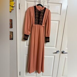 RARE VTG 1970’s Velvet Embroidered Trim Belted Maxi Dress